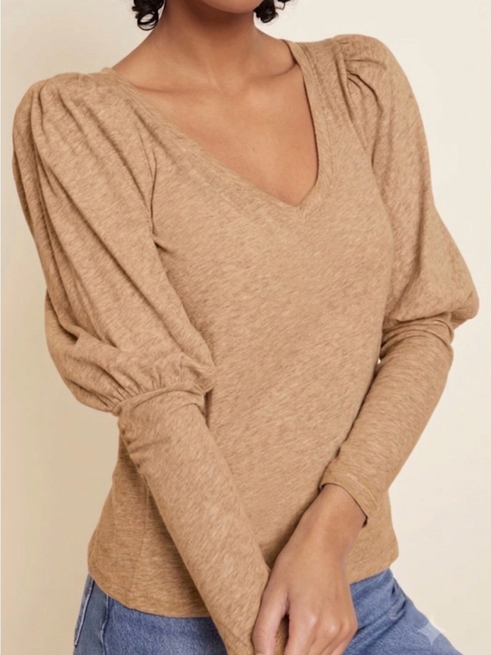 Nation LTD Emilia Drama Puff-Sleeve V-Neck Top Pima Cotton Camel Size XS